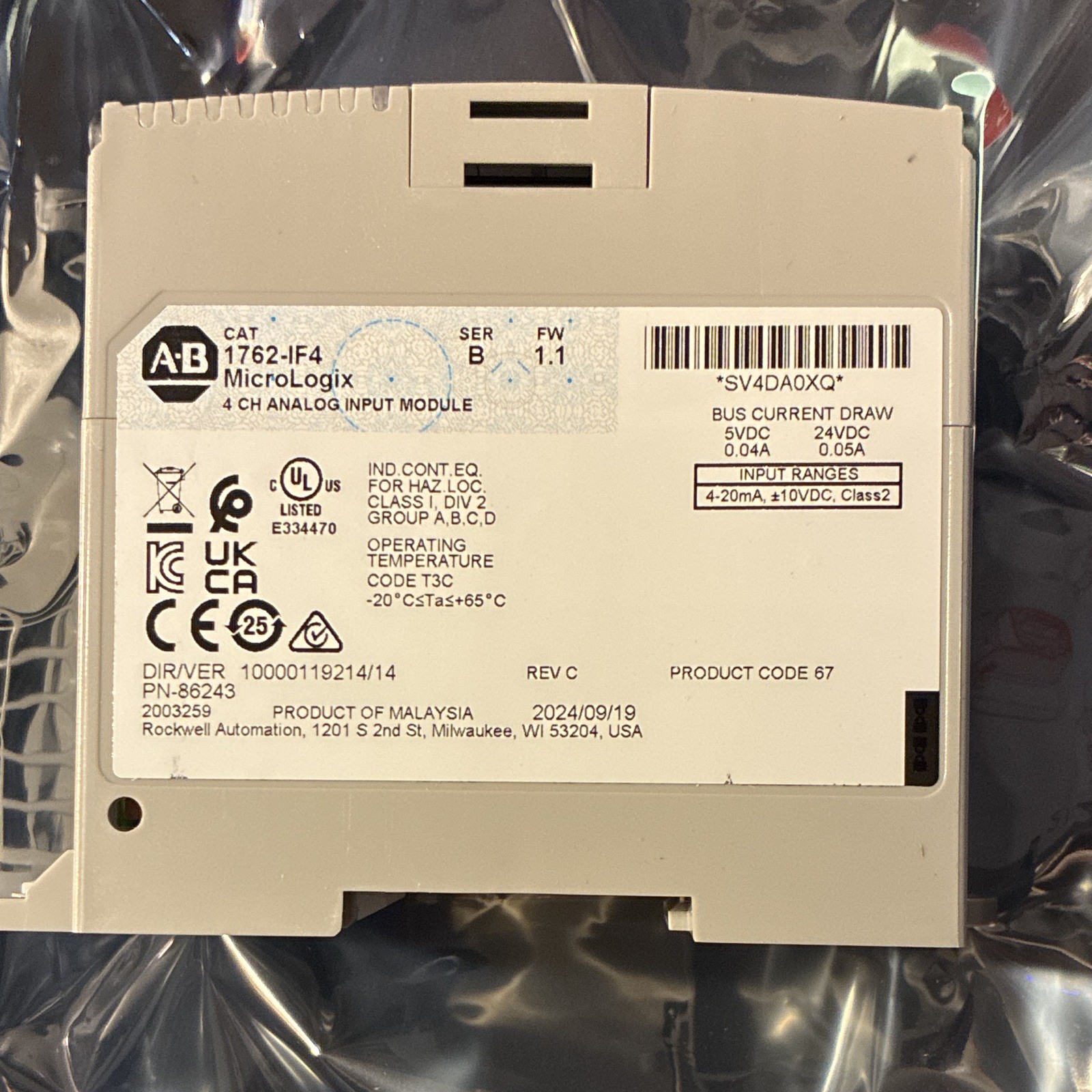 Allen-Bradley 1762-IF4 MicroLogix 4-Ch Analog Input Module (Series B, FW 1.1)