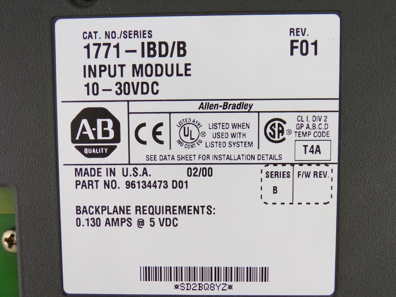Allen Bradley 1771-IBD /B PLC-5 Digital 16PT Input Module, Rev.F01, 1771IBD