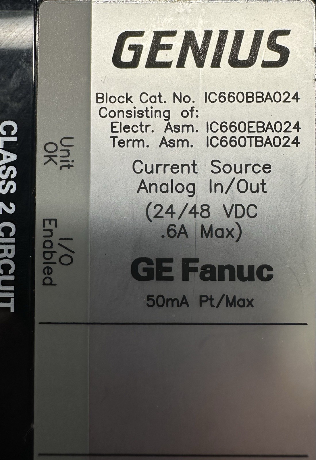 GE Fanuc IC660BBA024 Genius I/O Block, Current Source Analog In/Out, 24/48VDC
