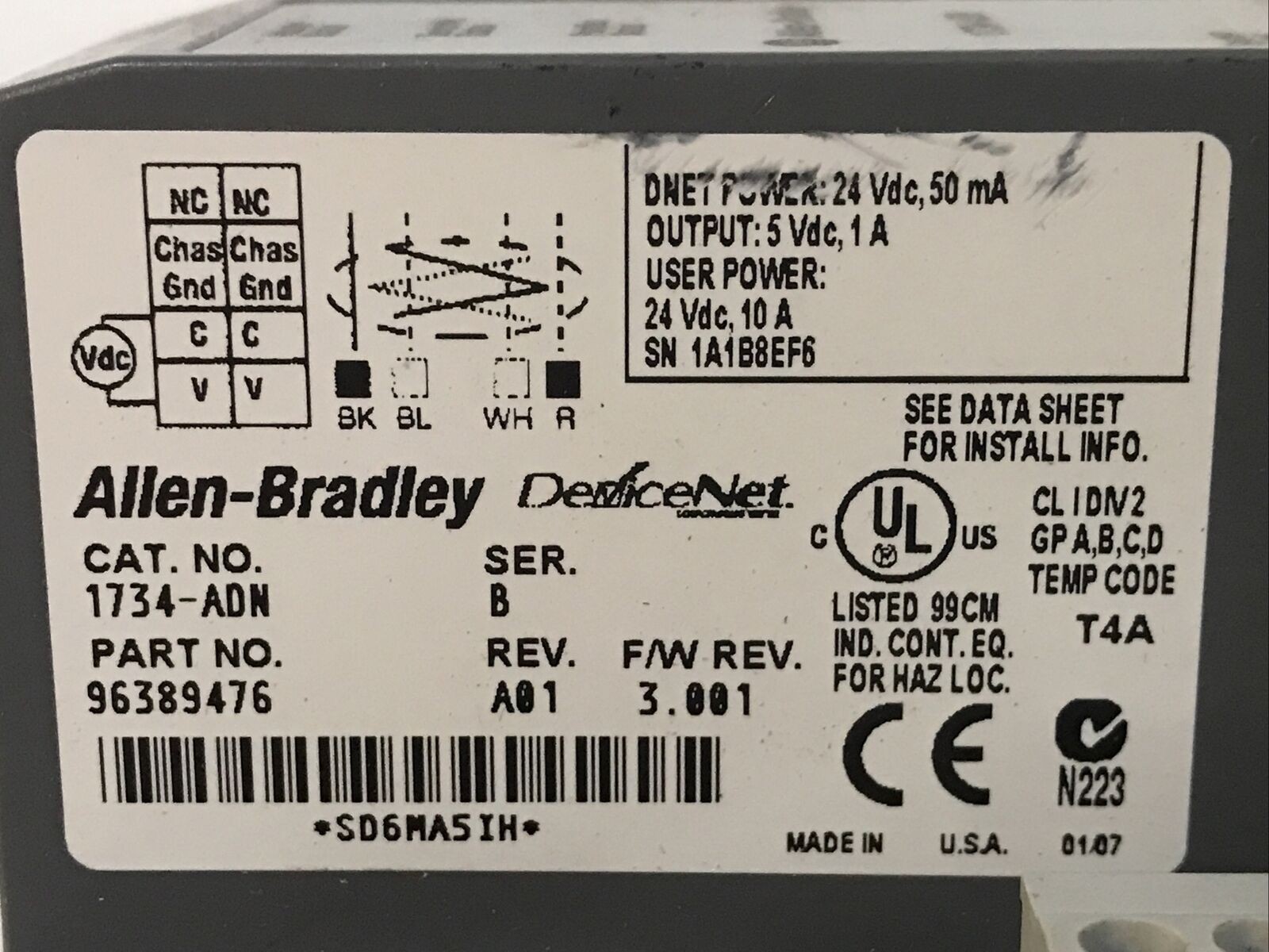 Allen-Bradley 1734-ADN Ser. B I/O DeviceNet Output: 5VDC 1A Rev: A01 F/W: 3.001