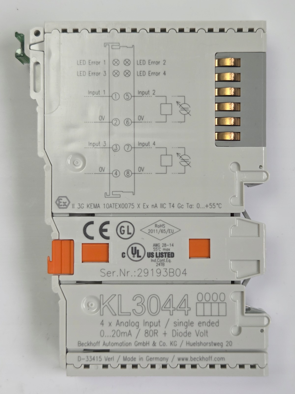 Beckhoff KL3044 4-Channel Analog Input Terminal 0-20mA 12-Bit
