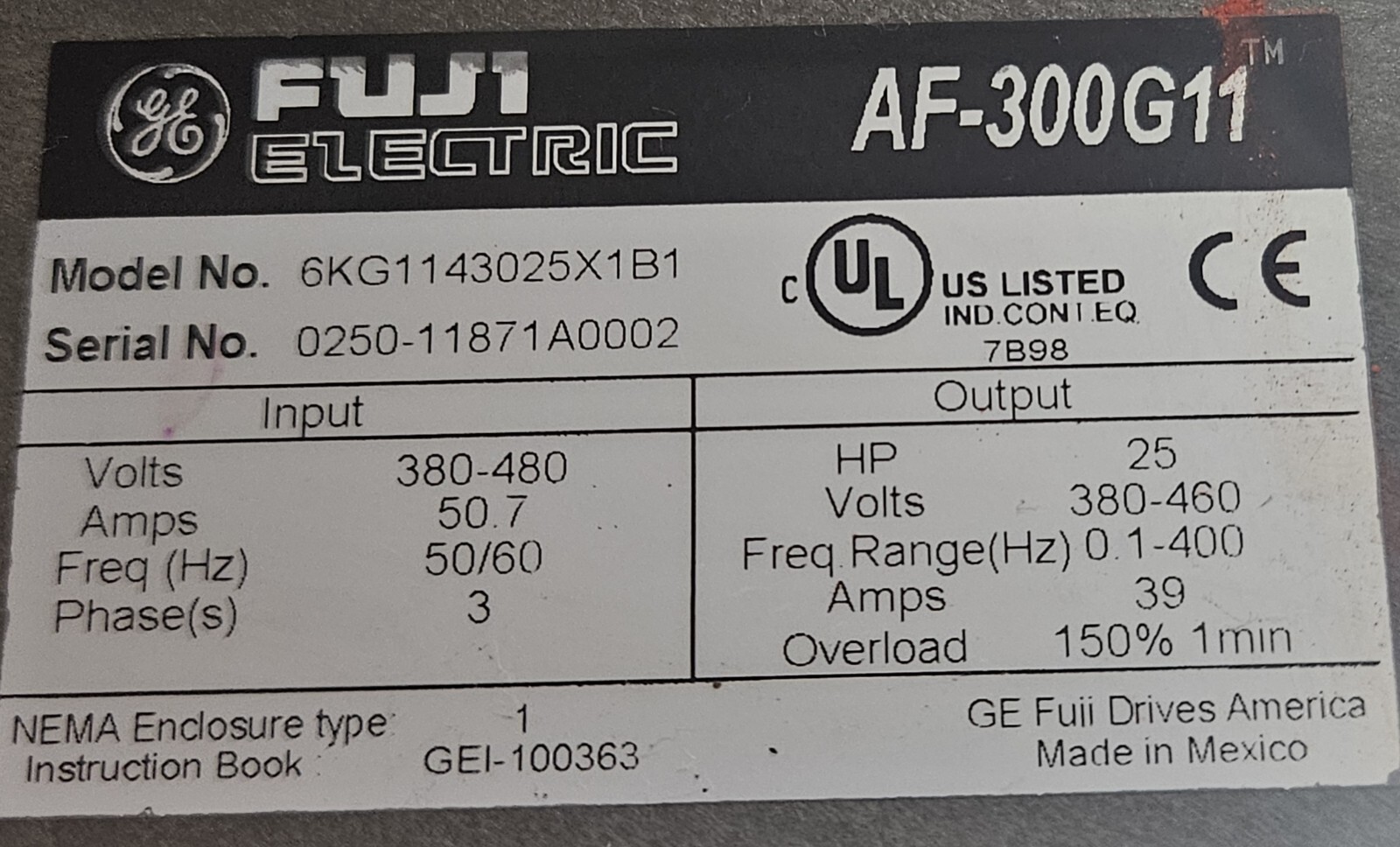 GE Fuji 6KG1143025X1B1 AF-300G11 Variable Frequency Drive 25HP (BIN755)
