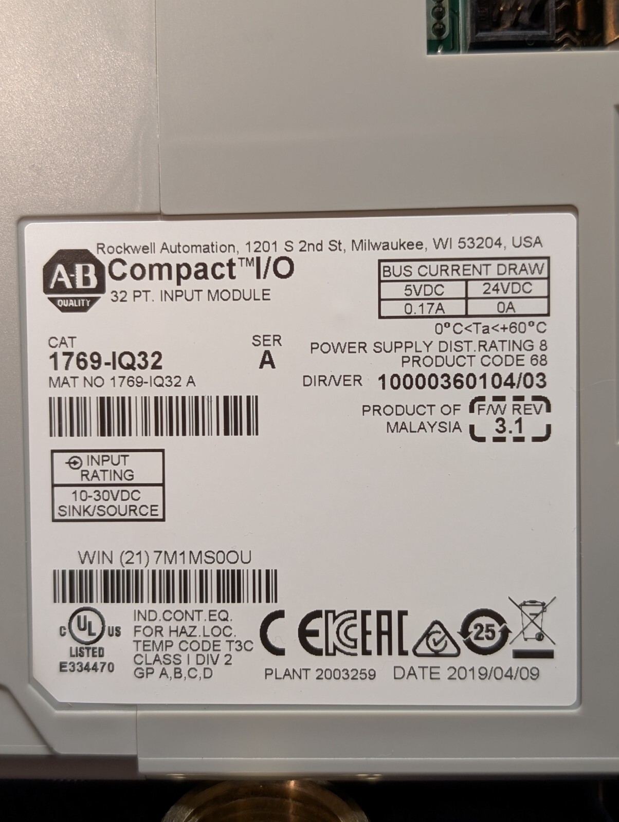 Allen Bradley 1769-IQ32 24V DC CompactLogix Sink/Source Input Module