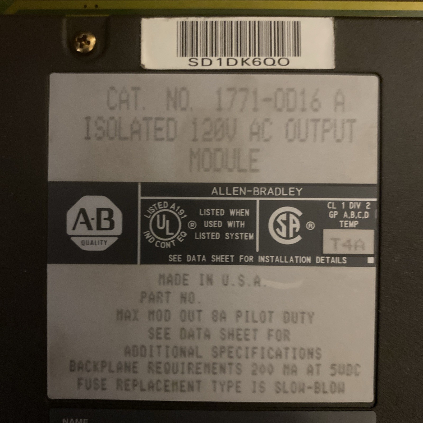 1771-OD16 /A Allen Bradley PLC 5 Isolated 120V AC Output 1771-0D16