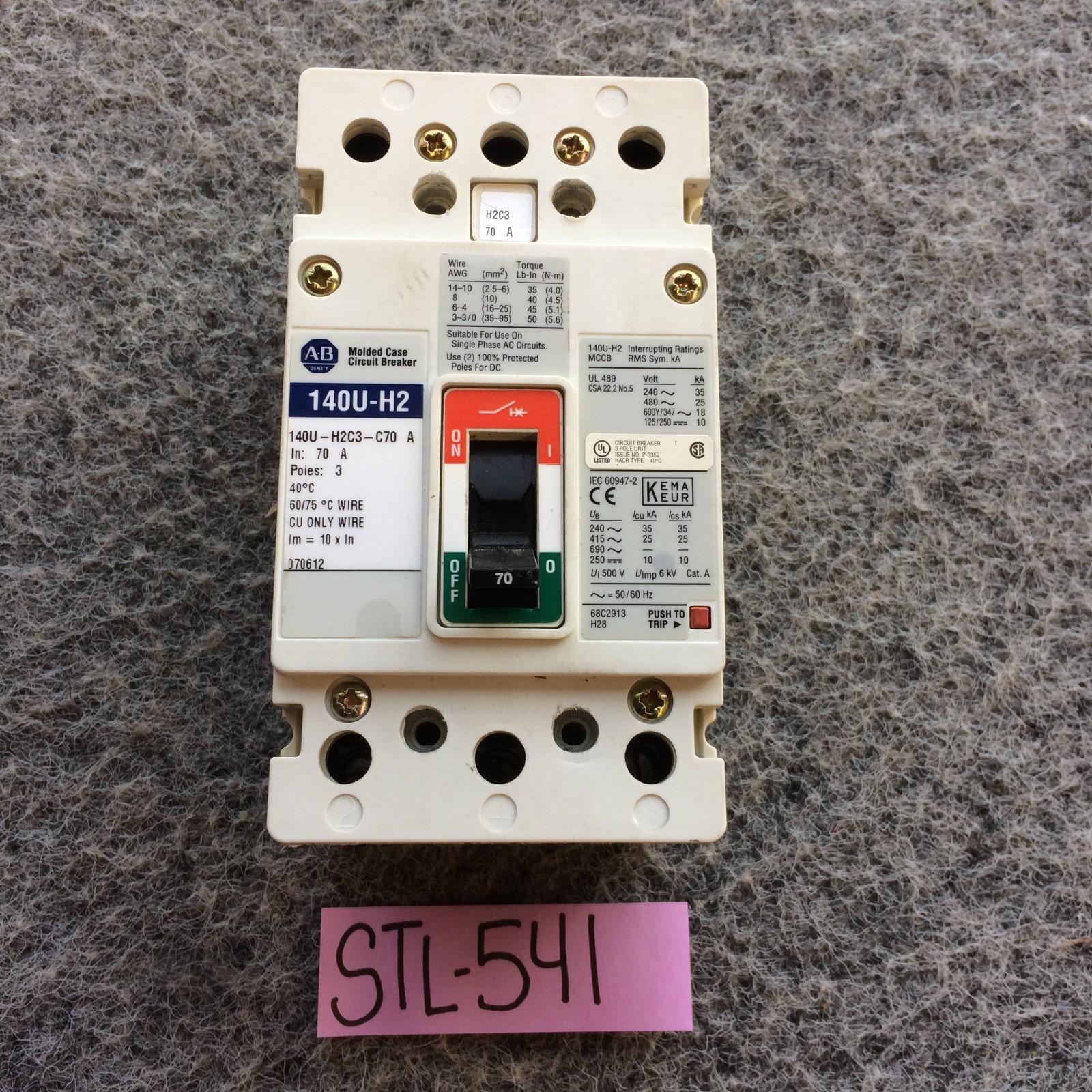 Allen-Bradley 140U-H2C3-C70 Circuit Breaker 70Amp H2C3