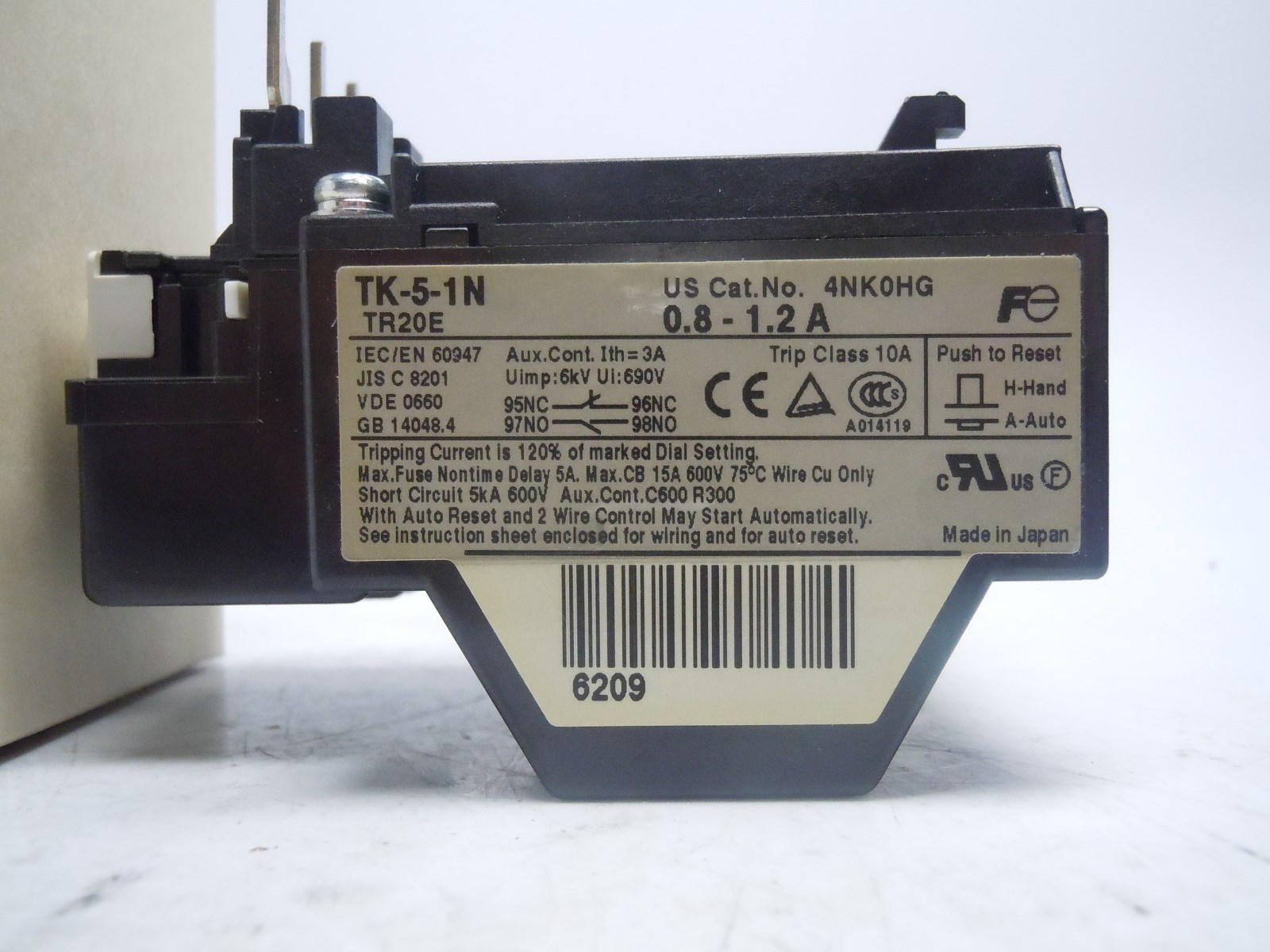 Fuji Electric TK-5-1N 0.8-1.2 Amp Thermal Overload Relay 4NK0HG