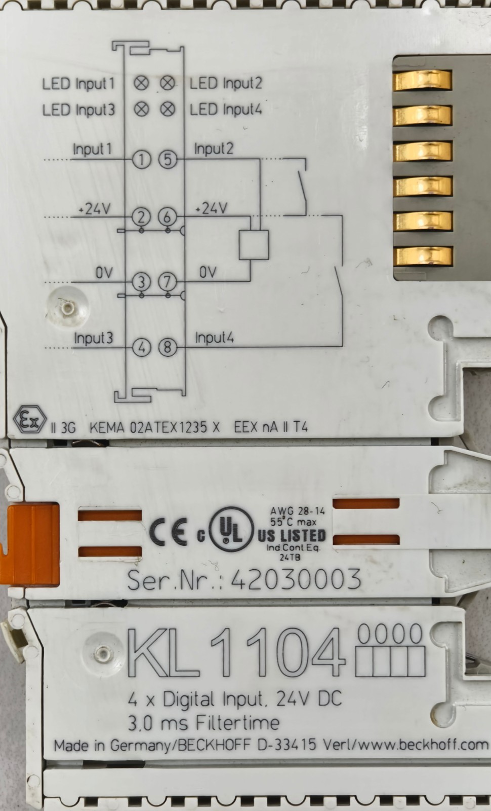 Beckhoff KL1104 Bus Terminal 4-channel Digital Input 24 V DC 3 ms 2-/3-wire