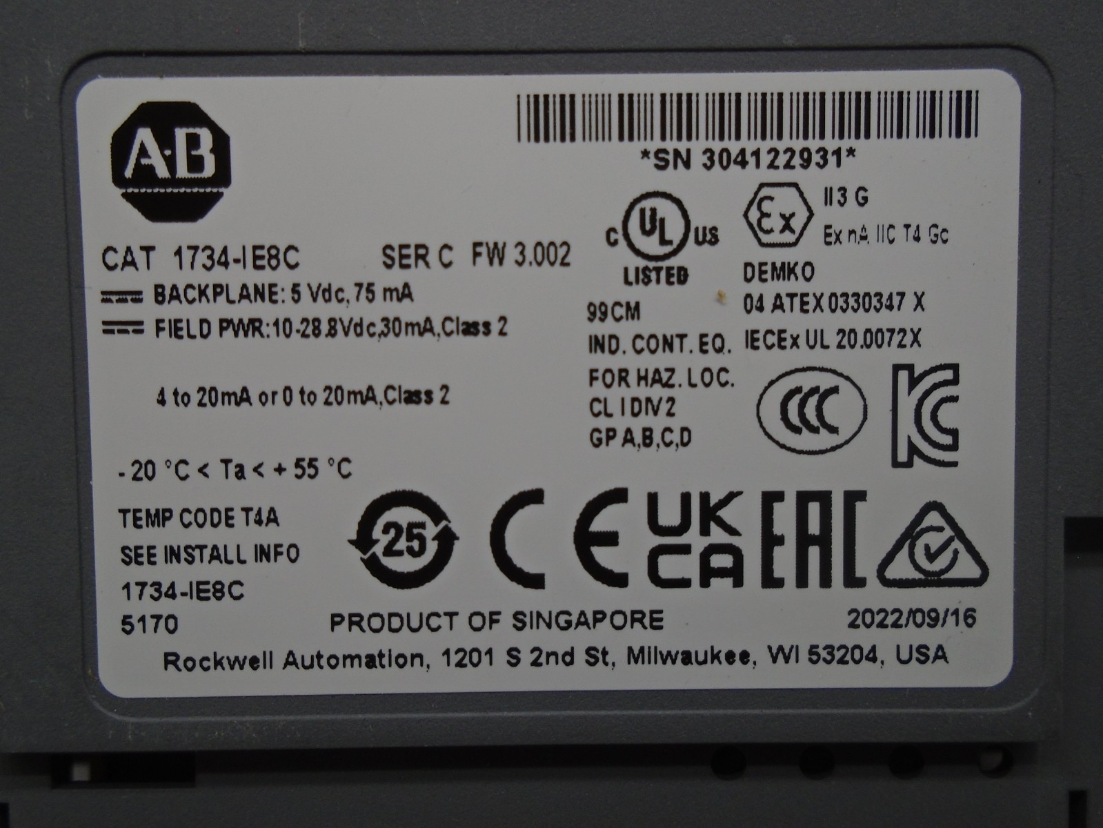 Allen Bradley 1734-IE8C /C Analog Input 1734-1E8C N102