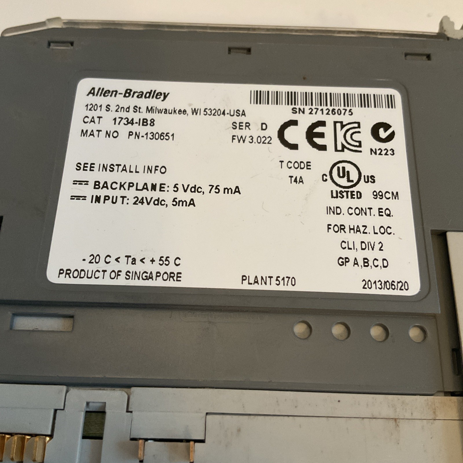 Qty 3 – Allen Bradley Input Module with Base 1734-TOP3S 1734-IB8