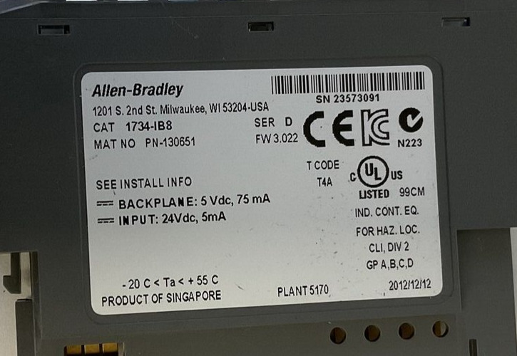 ALLEN BRADLEY 1734-IB8 INPUT MODULE 24VDC 5MA SER.D FW3.022