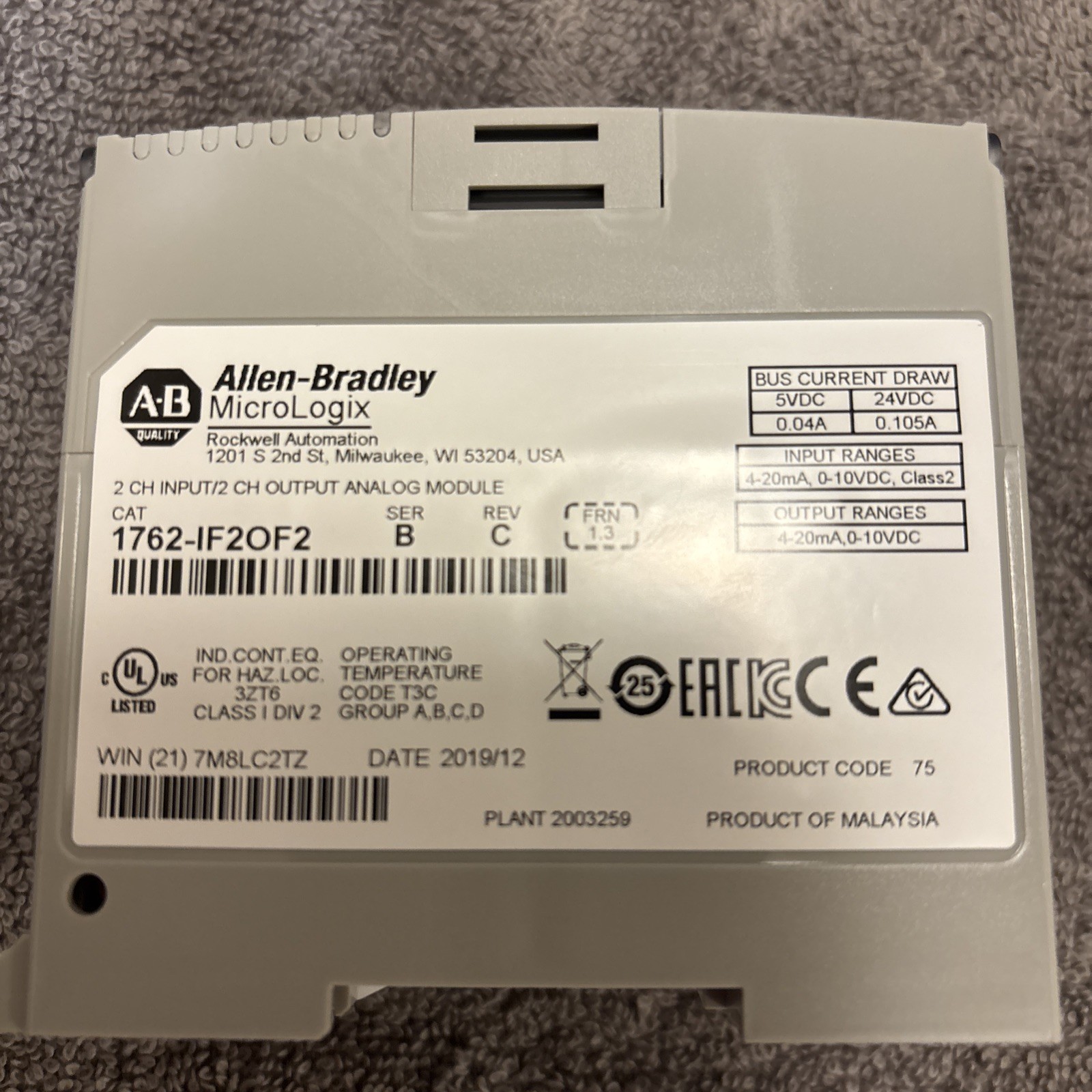 Allen Bradley MicroLogix 1762-IF2OF2 2 CH Input 2 CH Output Analog Module No box