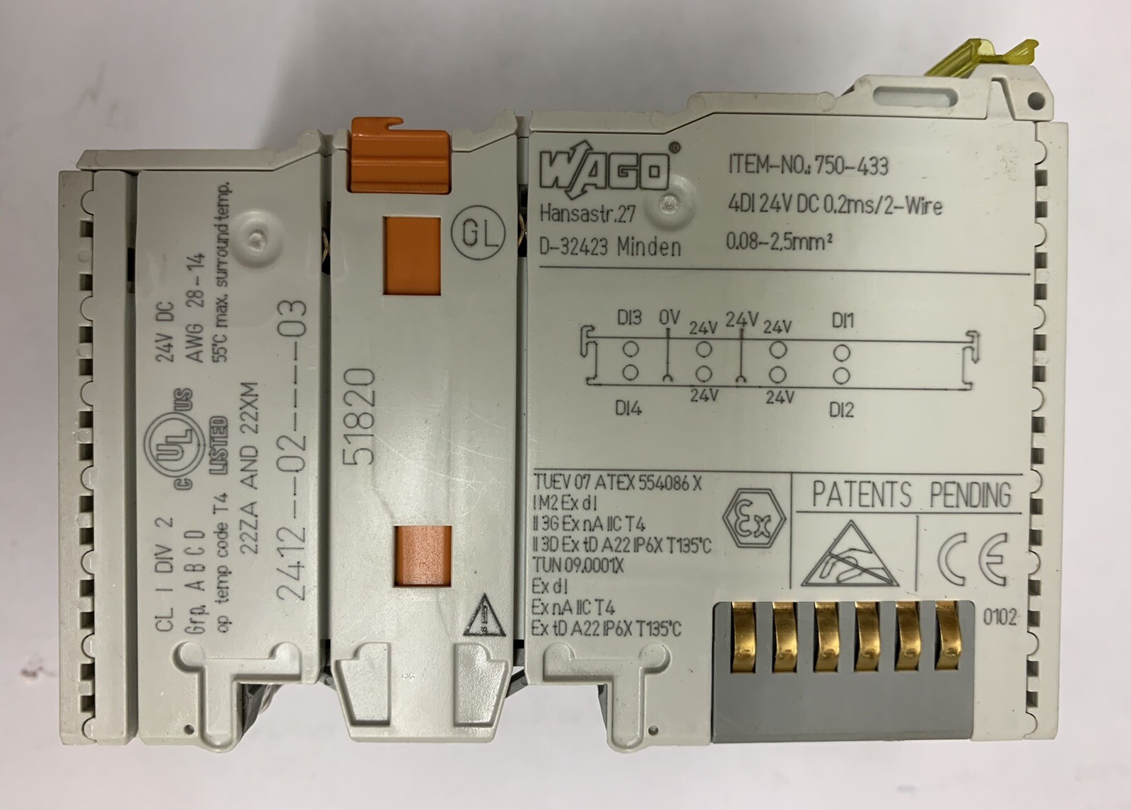 Lot of 4! Wago 750-433, 4-Channel Digital Input Module 24VDC 0.2ms 2-Wire