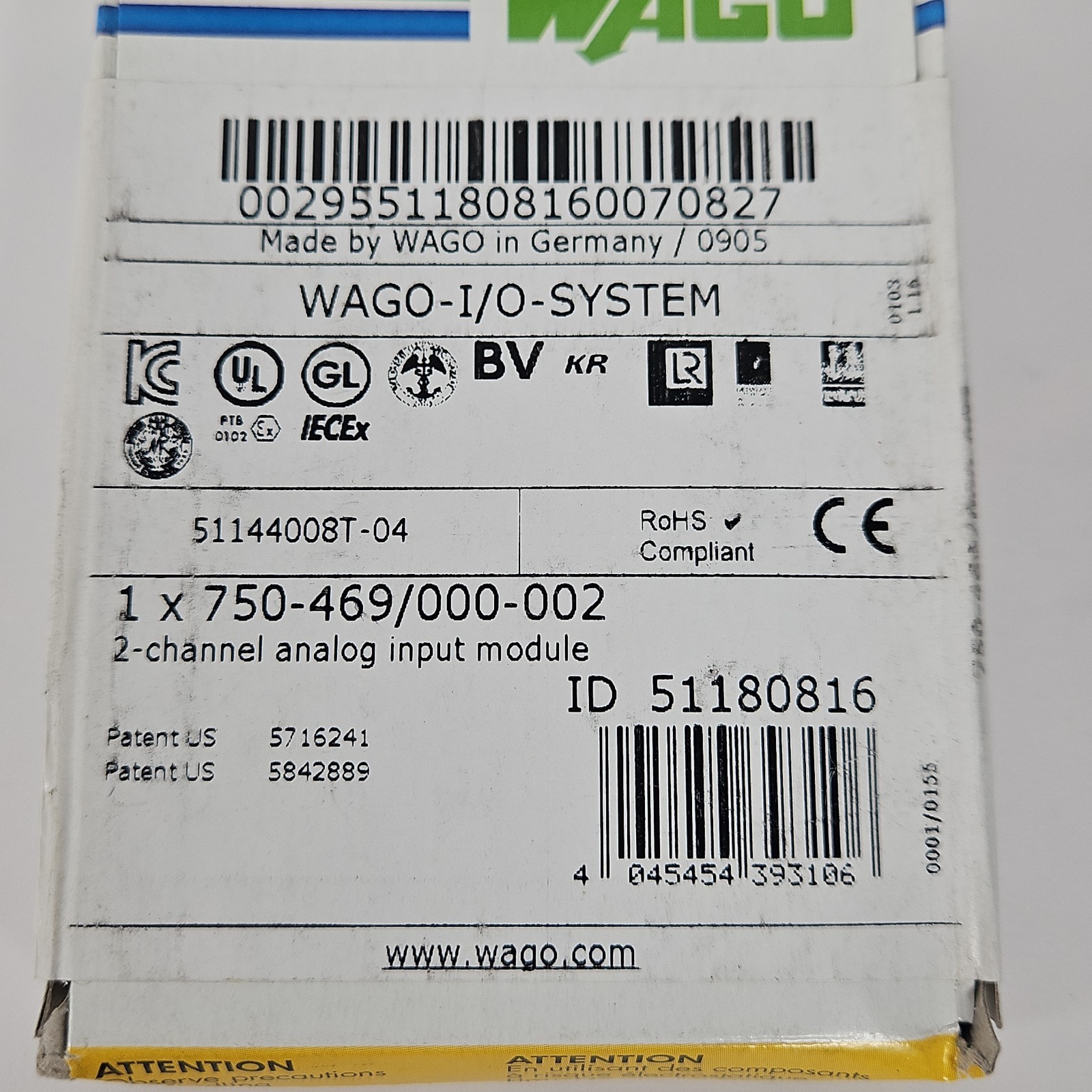 New SEALED WAGO 750-469/000-002 2-Ch Analog Input Module Thermocouple in Box
