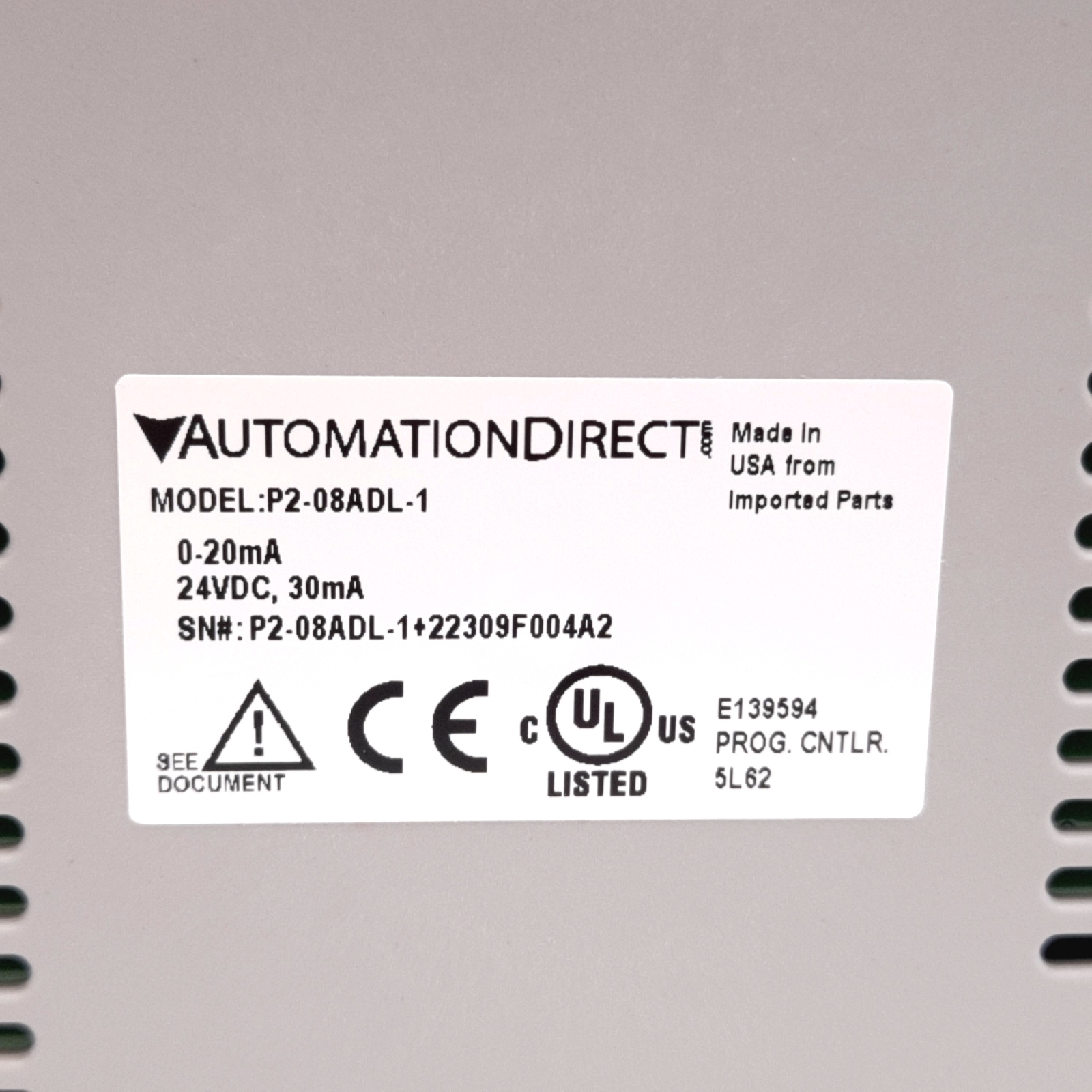 Automation Direct P2-08ADL-1 P2000 PLC Analog Input Module, 8-Channel, 0-20mA