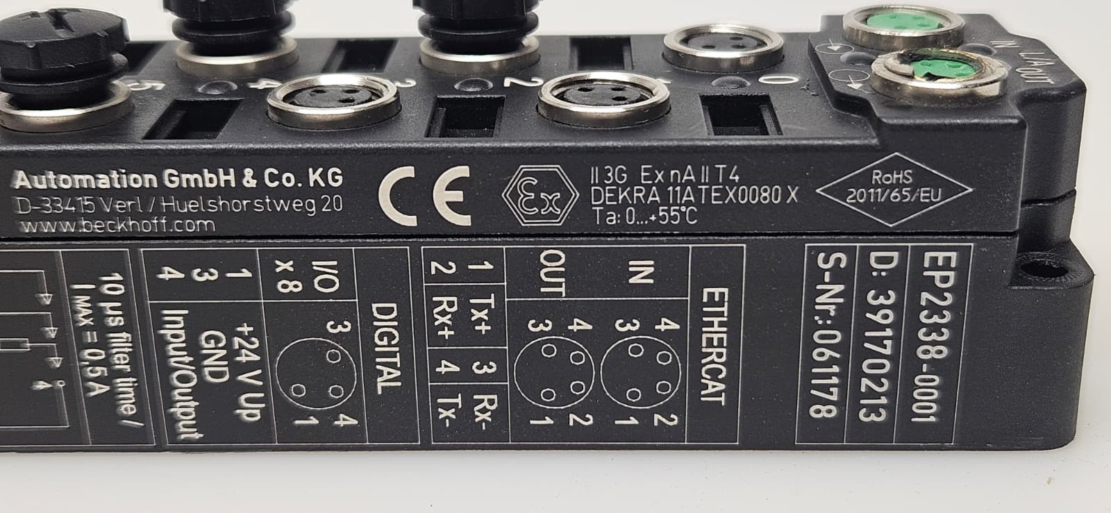 Beckhoff EP2338-0001 EtherCAT Box 8 Channel Digital Combo 24V DC 10μs 0.5A, M8