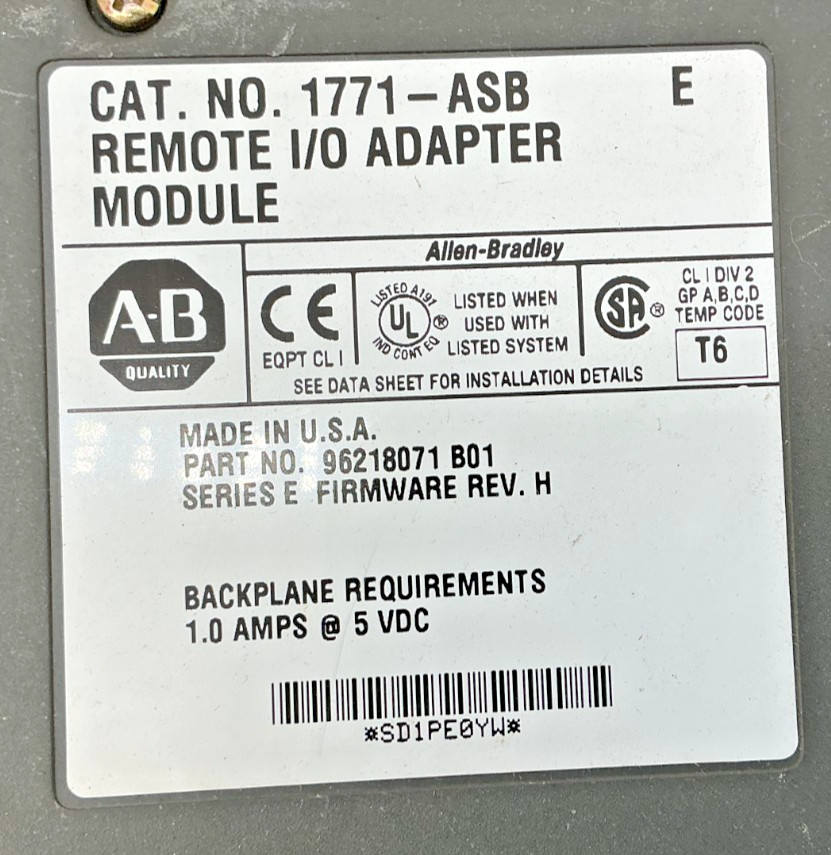 Allen Bradley 1771-ASB Ser E Remote I/O Adapter Module 1A @ 5VDC 1771ASB