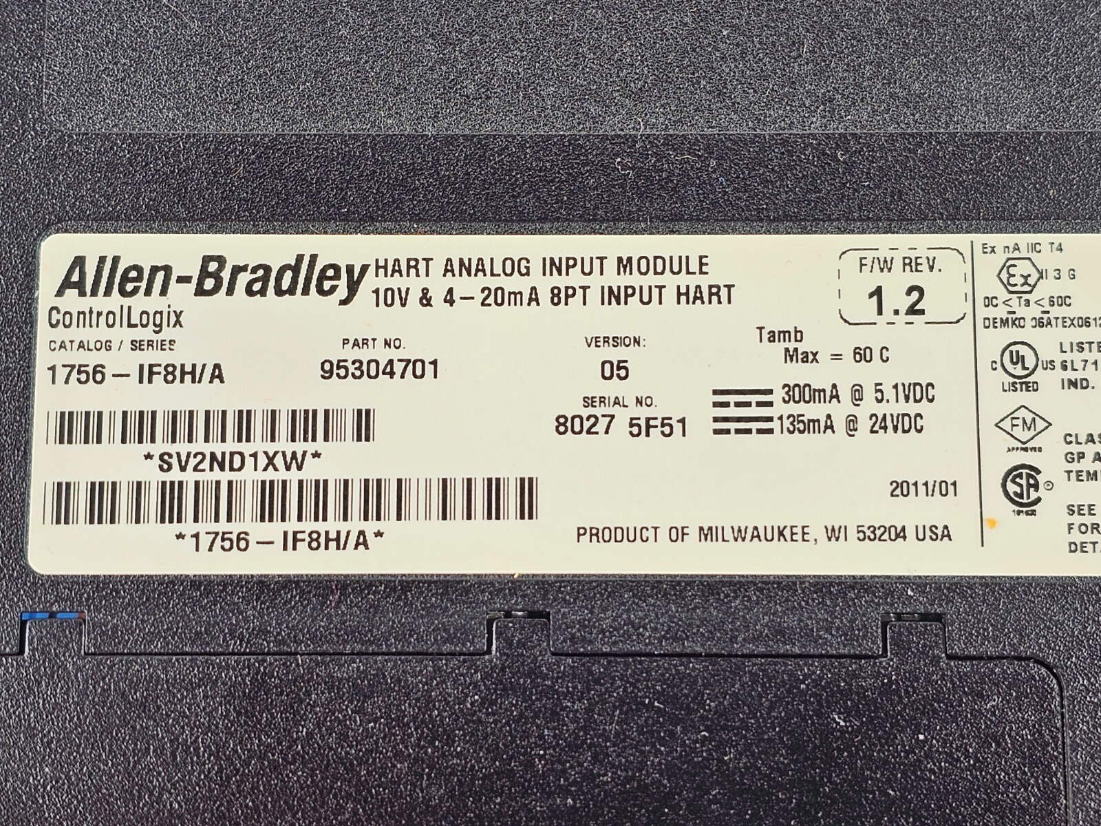 Allen Bradley 1756-IF8H /A ControlLogix HART Analog Input Module VER 05 1756IF8H