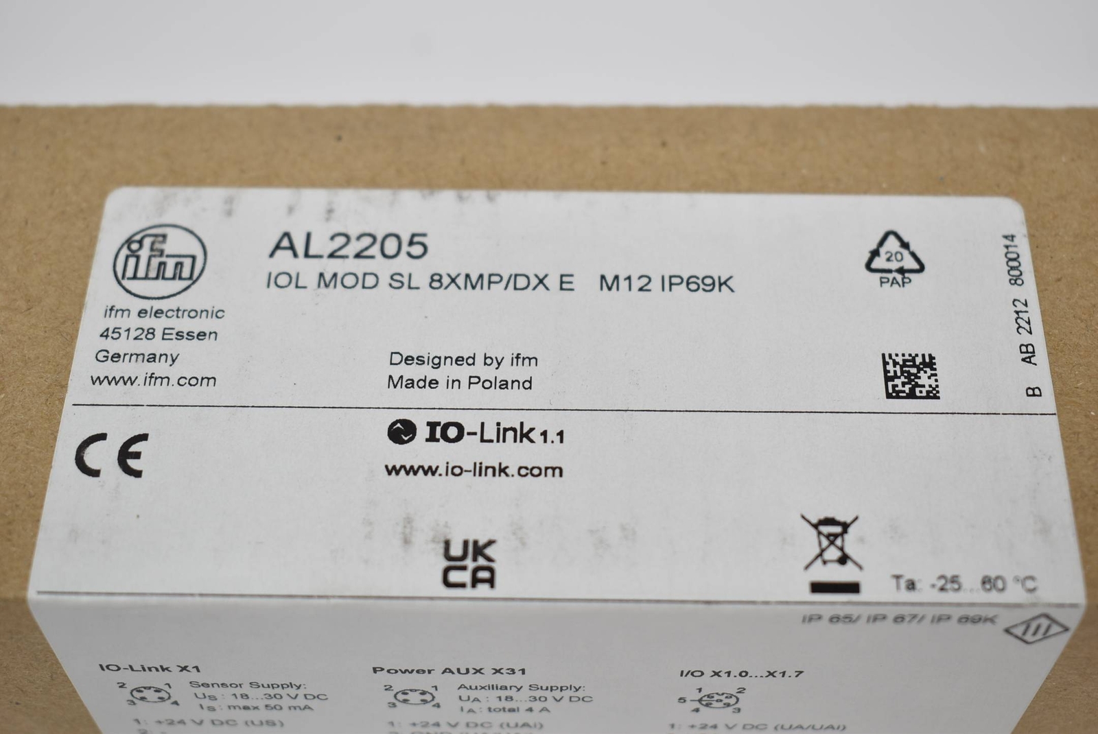 IFM IO-Link Input/Output Module AL2205 IOL MOD SL 8XMP/DX E M12 IP69K