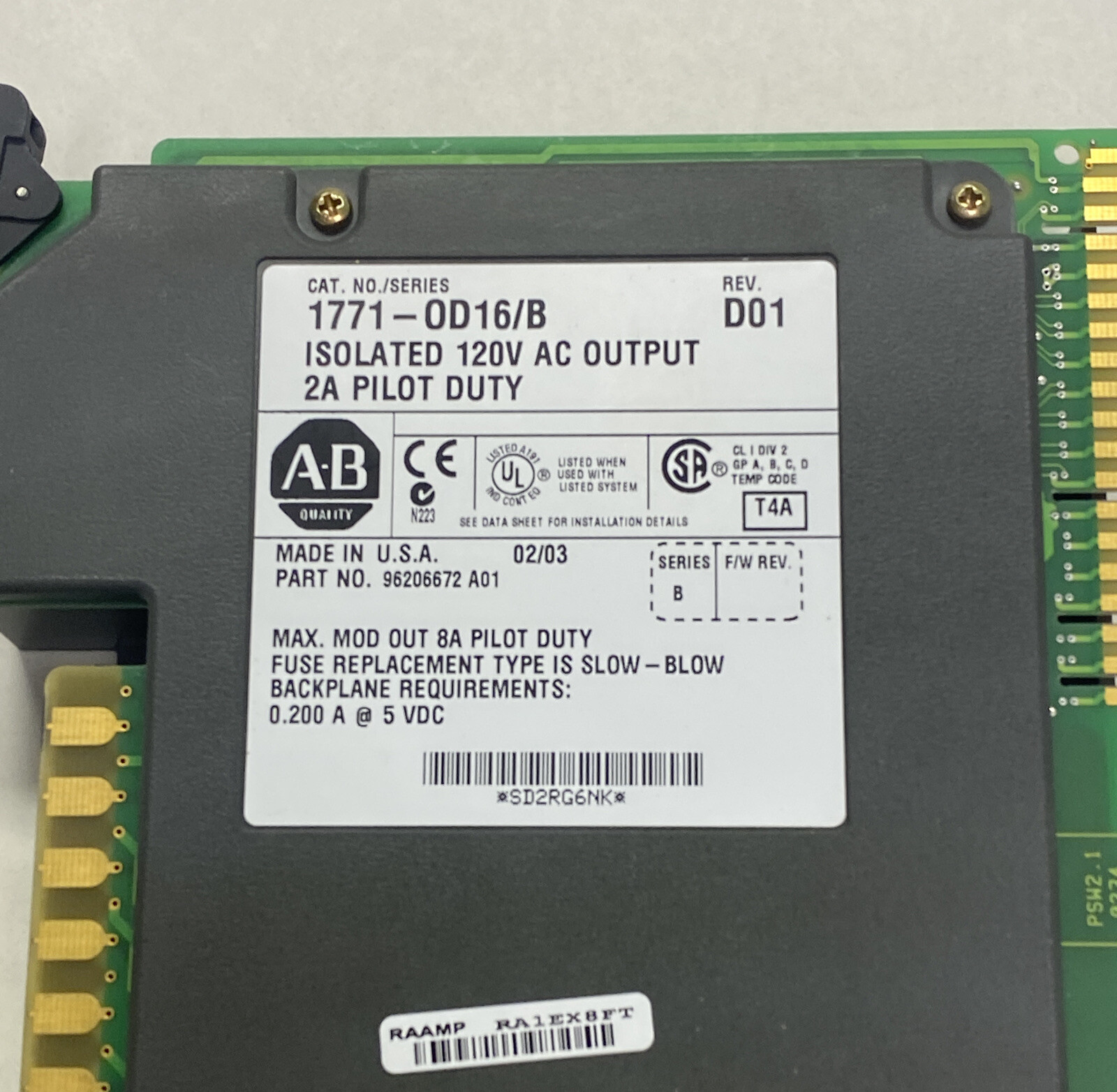 ALLEN BRADLEY,1771-OD16,SER B ISOLATED 120 VAC AC OUTPUT MODULE