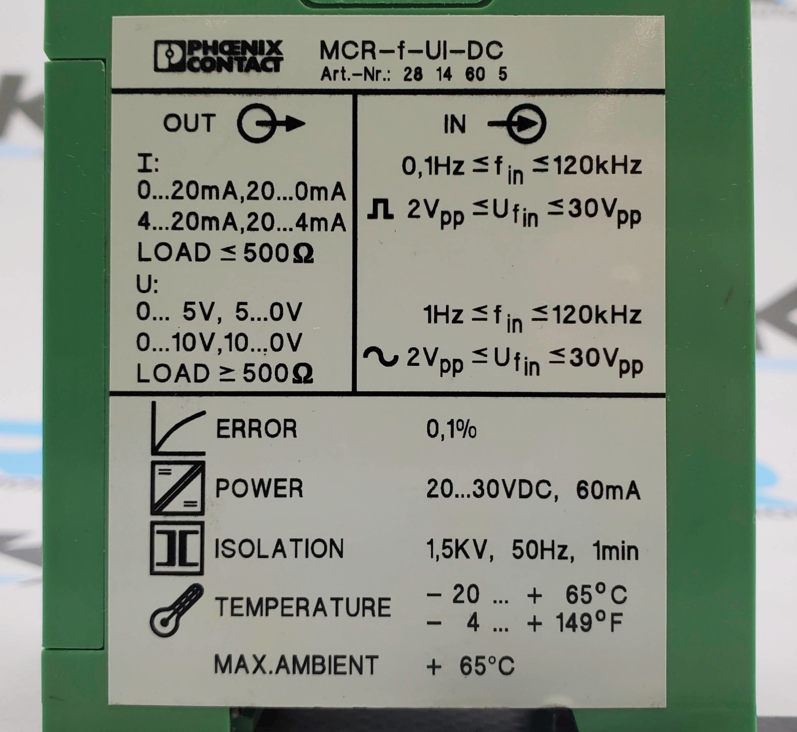 Phoenix Contact MCR-F-UI-DC Din-Rail Frequency Transducer 20-30VDC 2814605