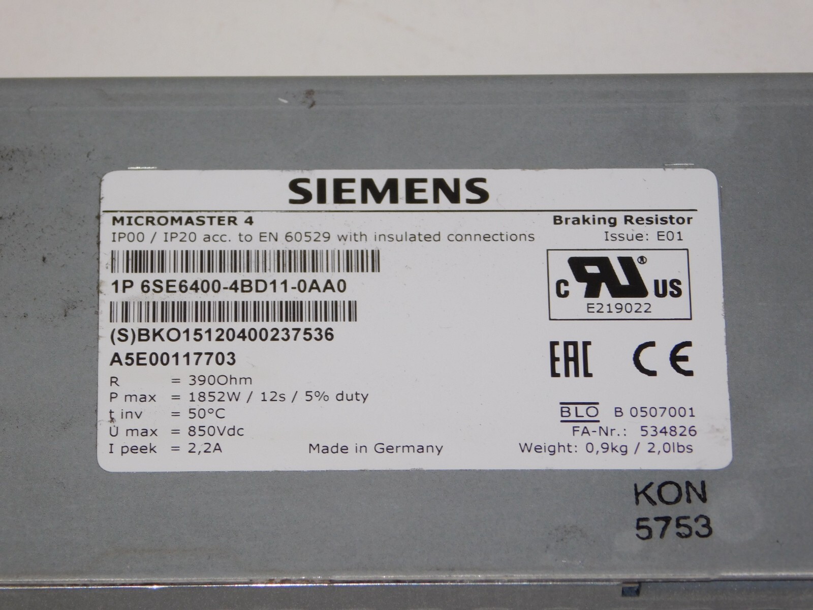 Siemens 6SE6400-4BD11-0AA0 Micromaster 4 Braking Resistor Module Unit Germany