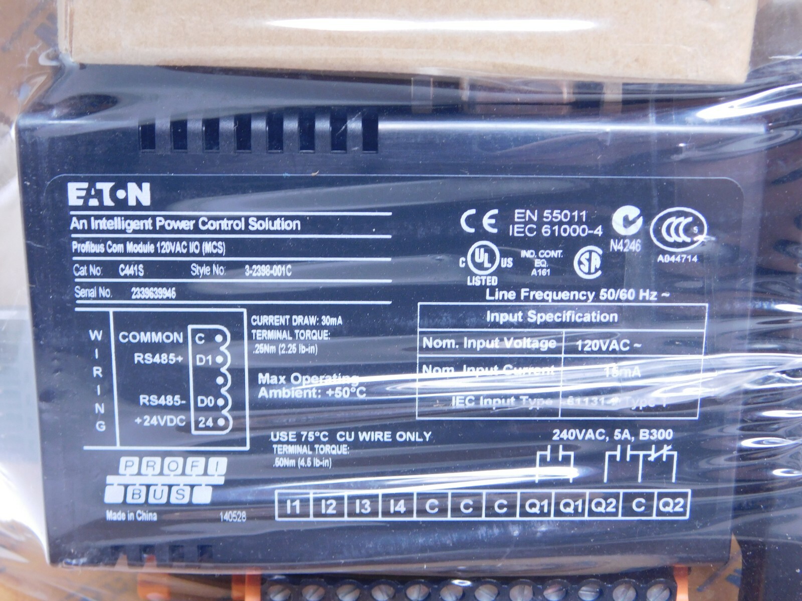 NEW! EATON PROFIBUS COM MODULE KIT CAT NO. C440-DP-120 120VAC I/O (VN)