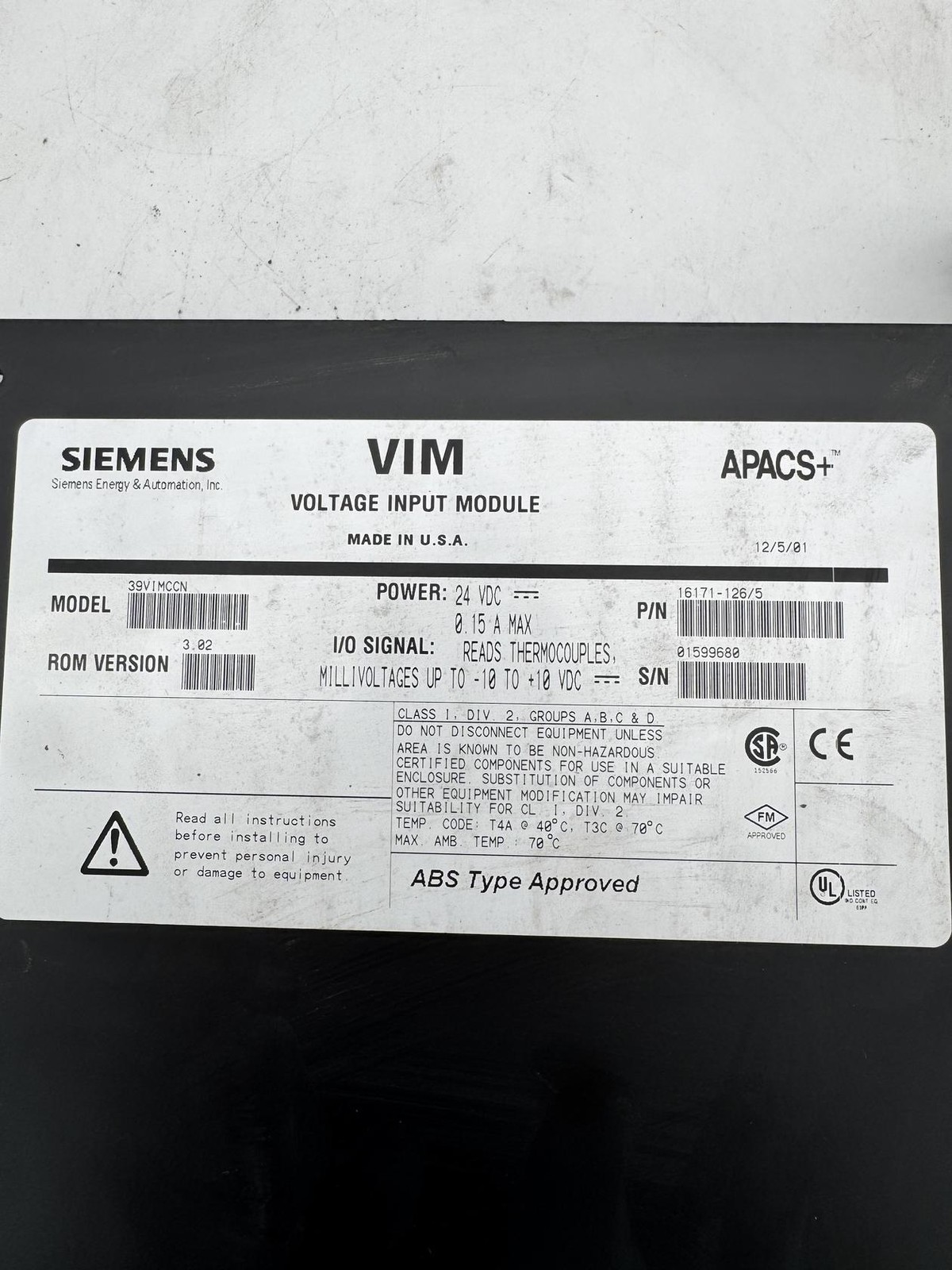 USED Siemens APACS+ VIM Voltage Input Module 39VIMCCN 16171-126/5