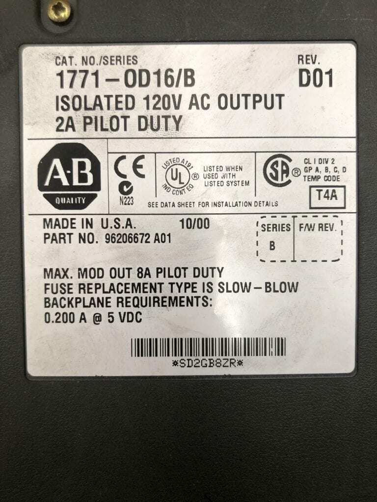 Allen-Bradley 1771-0D16/B Rev. D01 Isolated 120V AC Output 2A Pilot Duty