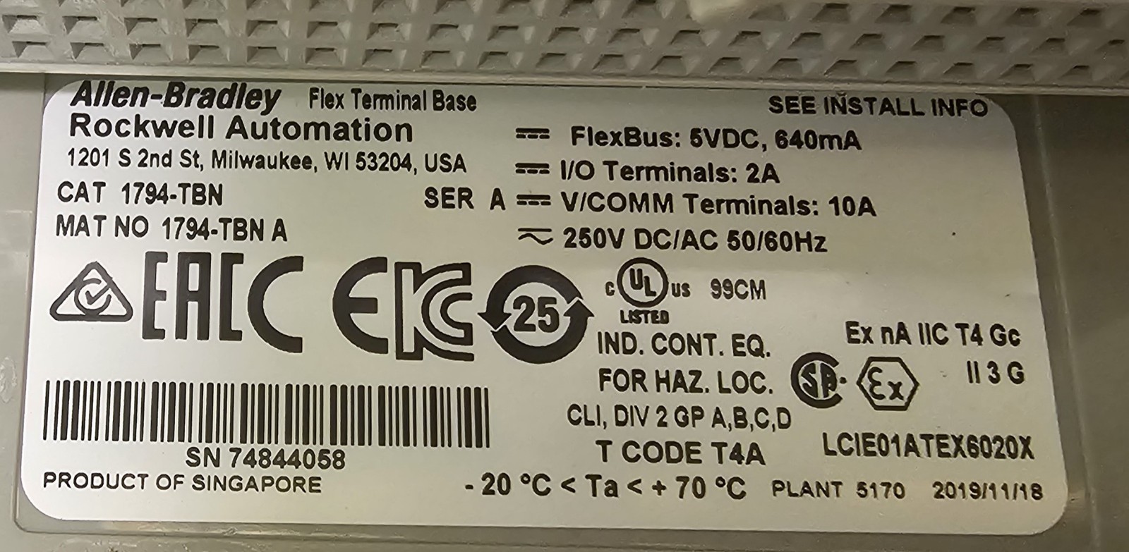 Allen Bradley 1794-OW8 Relay Output with 1794-TBN Terminal Base
