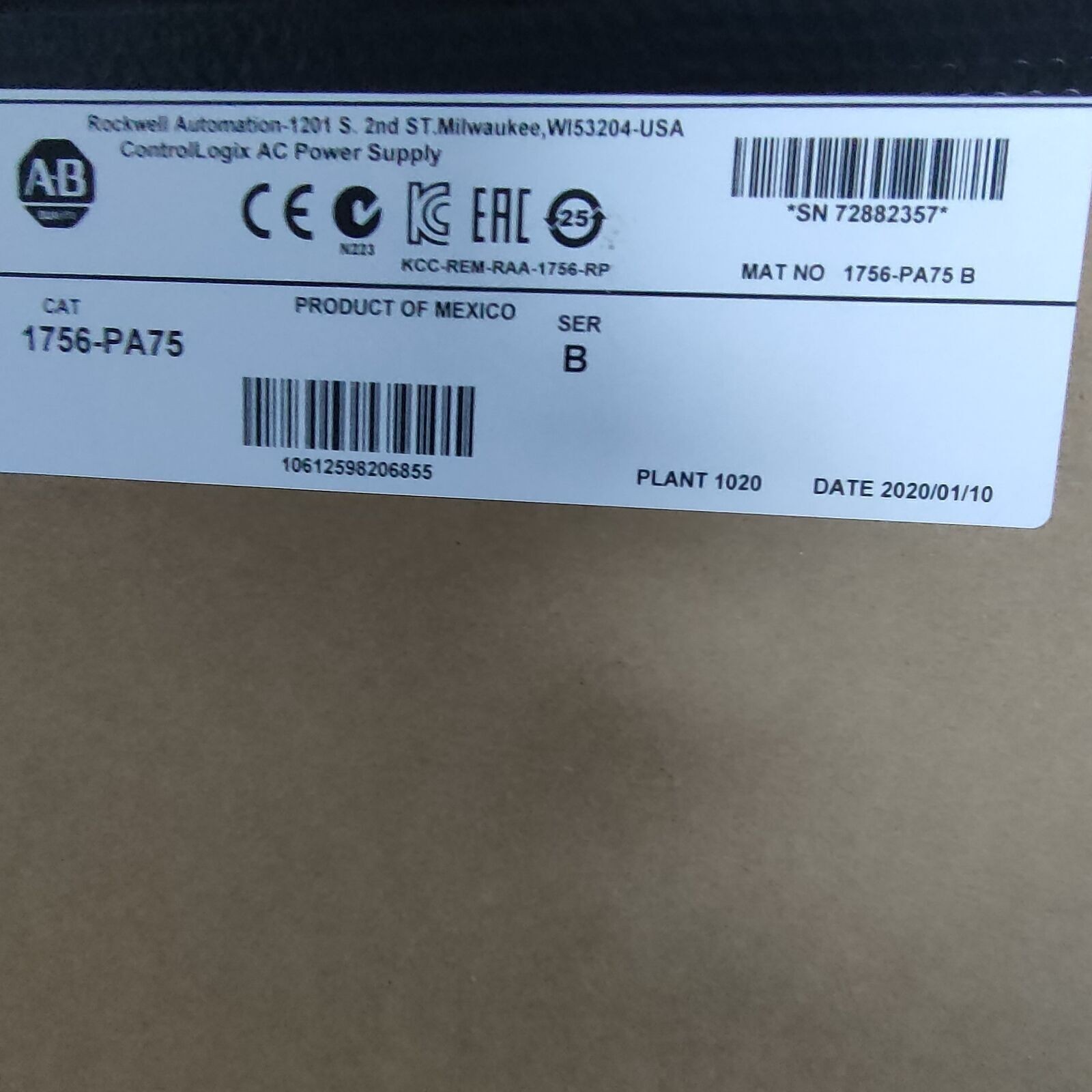 1756-PA75 NEW PLC-AB 1756 PA75 / B ControlLogix AC Power Supply 1756PA75