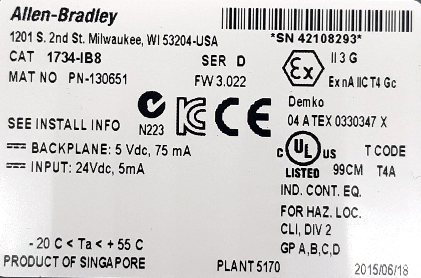Allen-Bradley 1734-IB8 Module w/1734-MB Base & 1734-RTBS Terminal Block