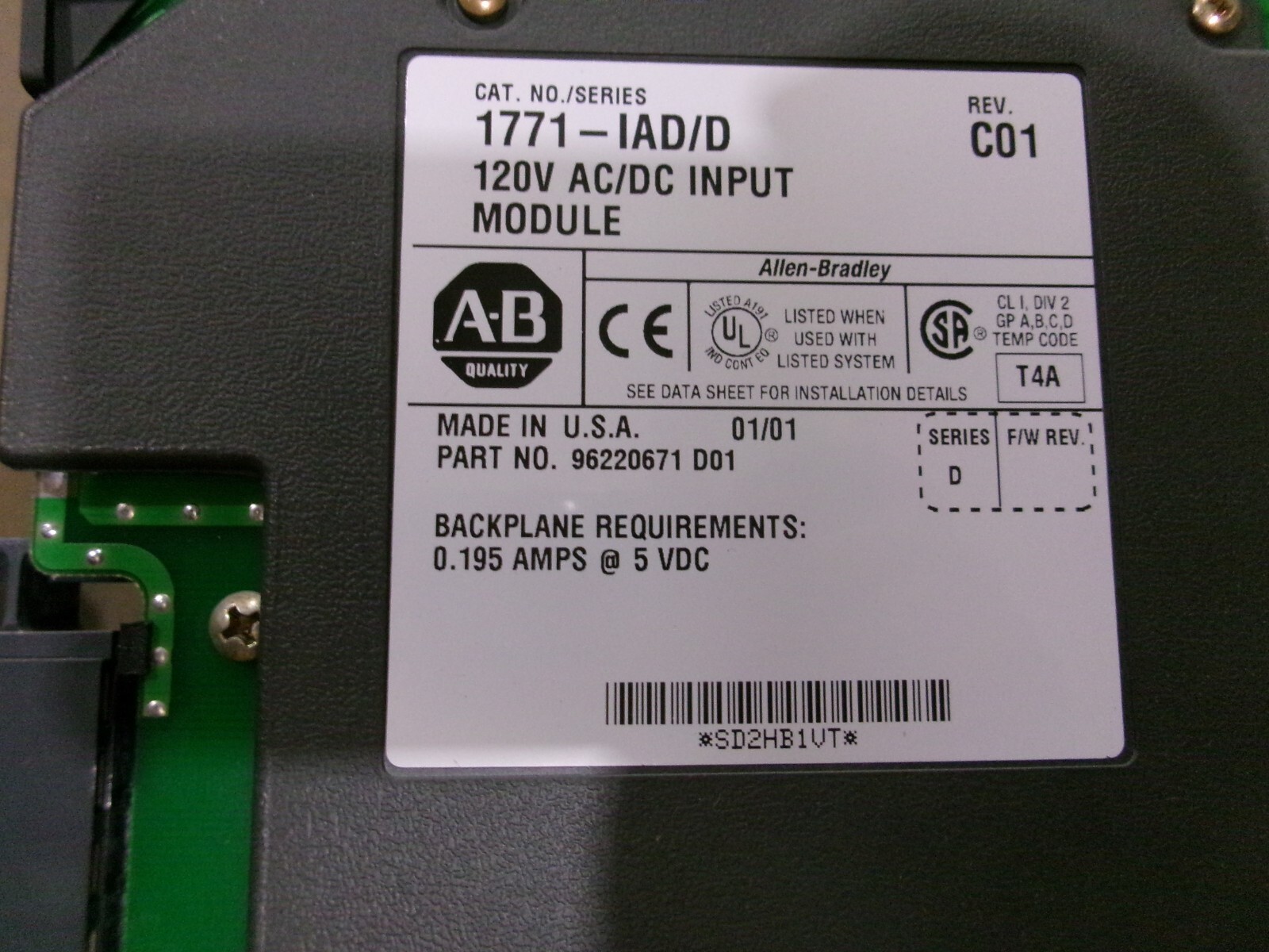 ALLEN BRADLEY 1771-IAD/D 120V AC/DC INPUT REV C01 S/ D MODULE PLC 96220671 (109)
